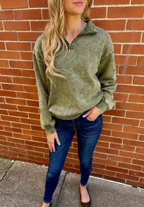 Olive Acid Wash Half Zip